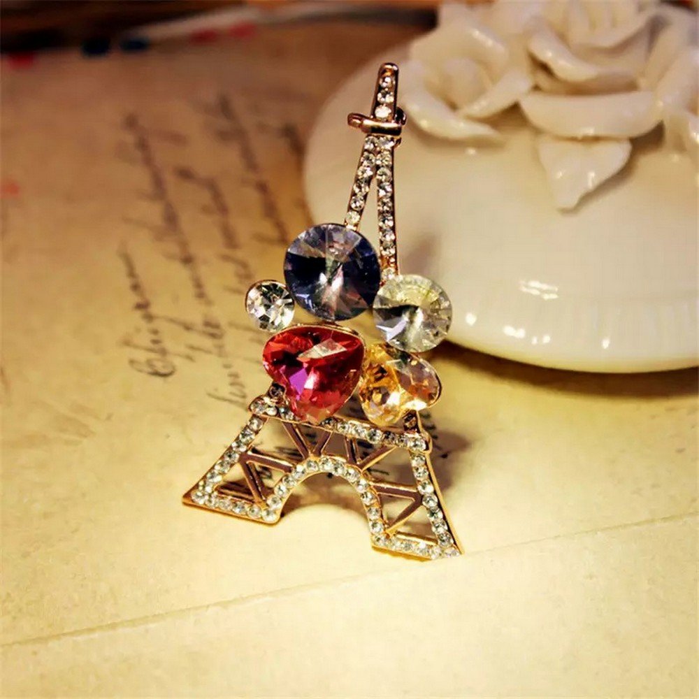 Gold-Plated Multicolor Crystal Eiffel Tower Brooch for Unisex image 2