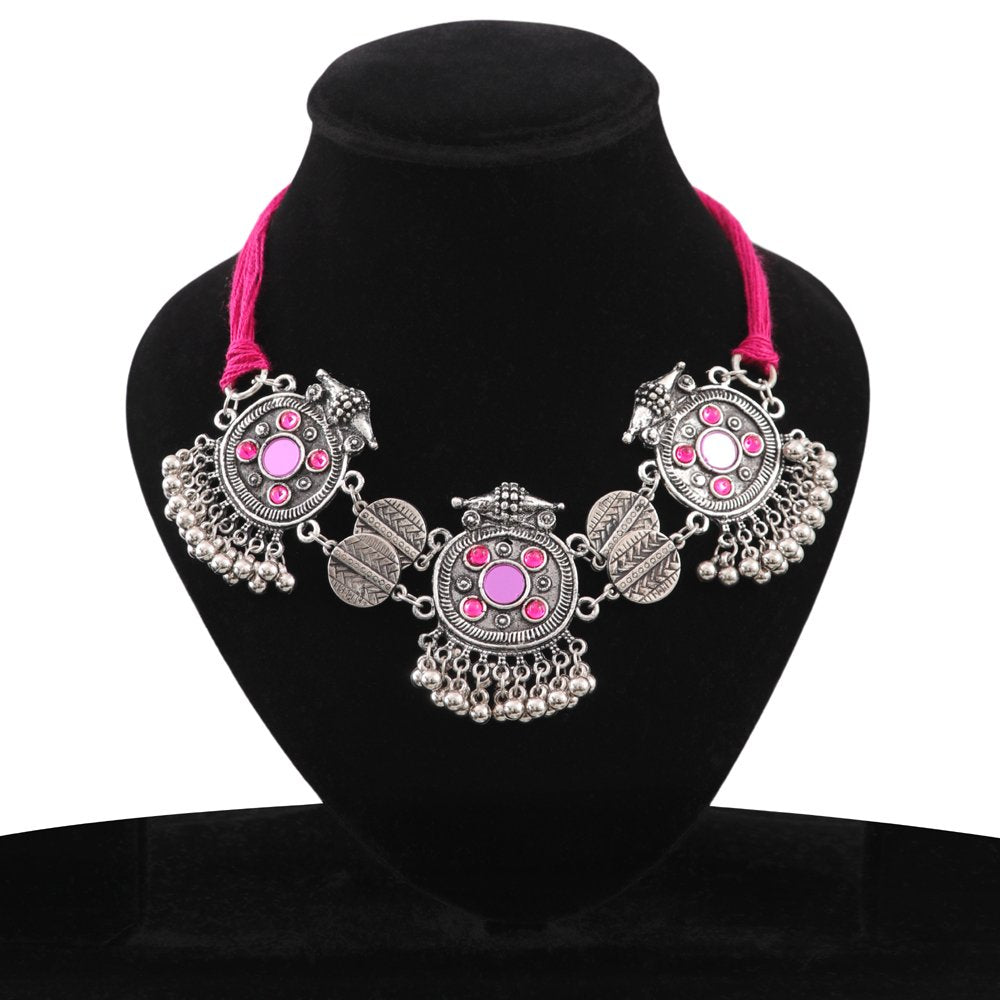 Oxidised Silver Boho Pink Stone Mirror Choker Necklace image 2