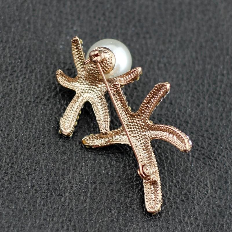 Gold-Plated Crystal/Pearl Dual Star Fish Brooch image 2
