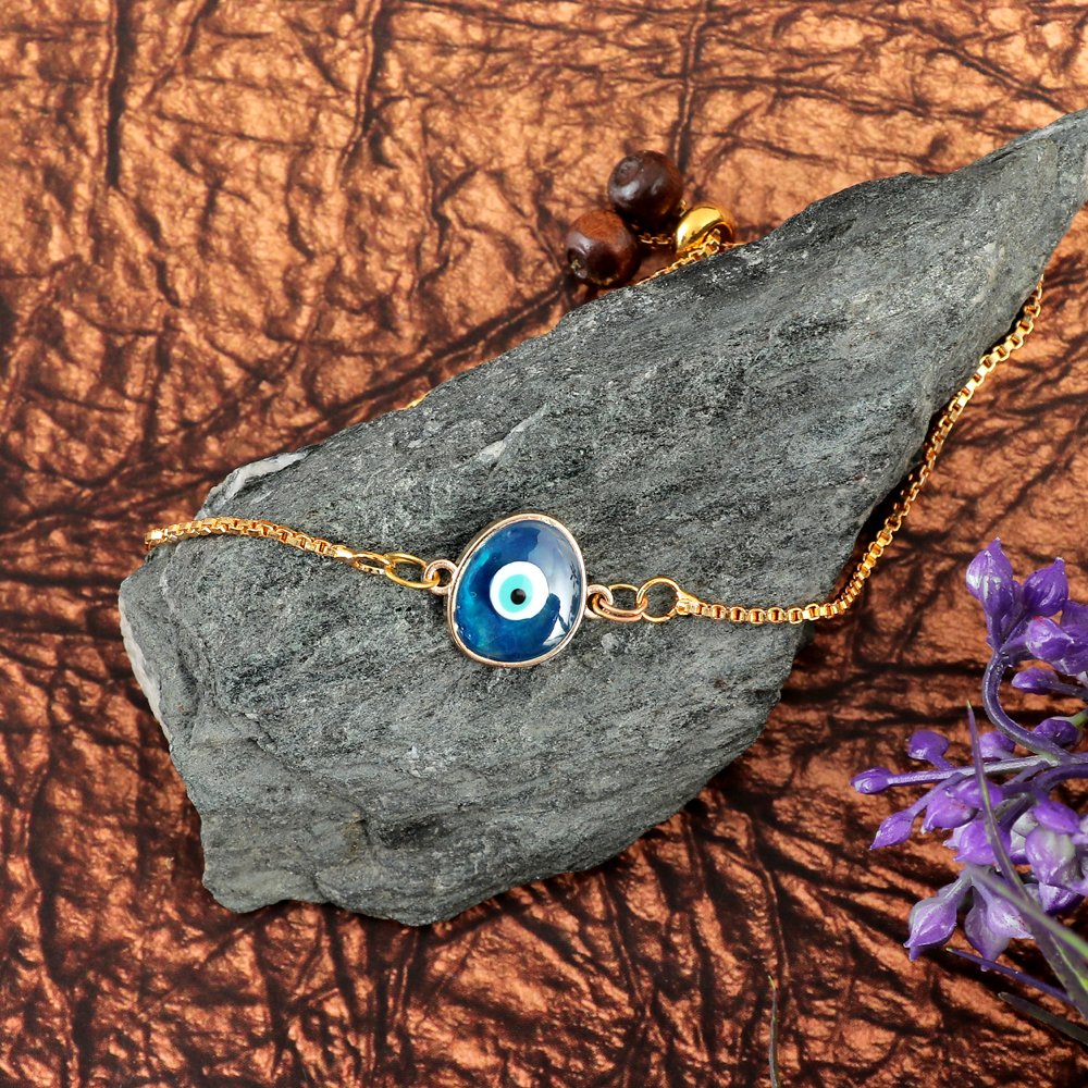 Gold-Toned Blue Evil Eye Mini Charm Bracelet/Rakhi image 1