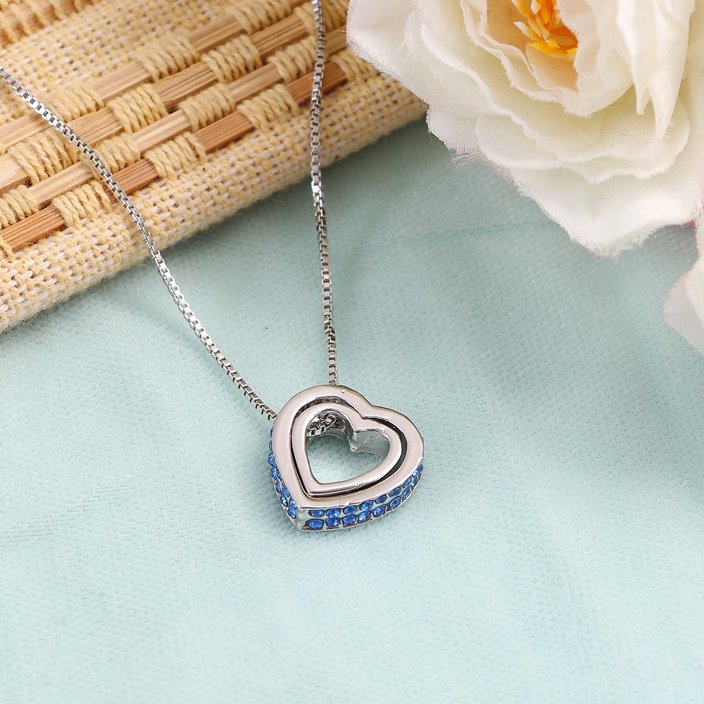 Double Silver-Plated Blue Crystal Heart Pendant Necklace image 1