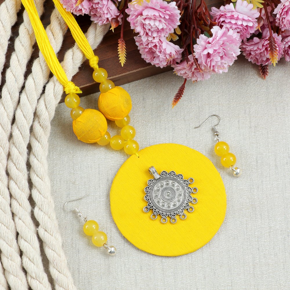 Blossoms Handmade Yellow Fabric Oxidised Silver Pendant Jewellery Set image 0