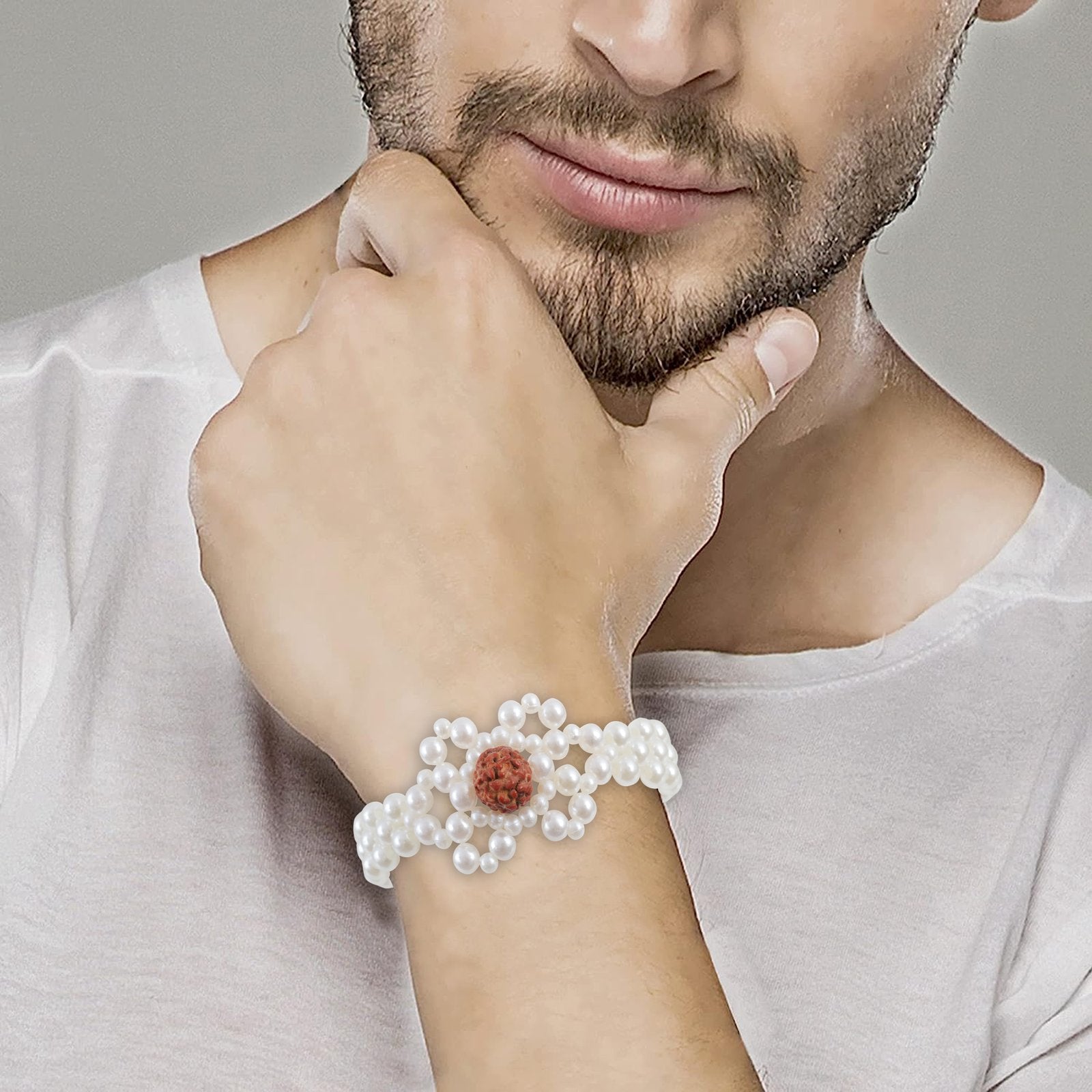 Handcrafted Pearl & Rudraksh Rakhi-Bracelet image 2