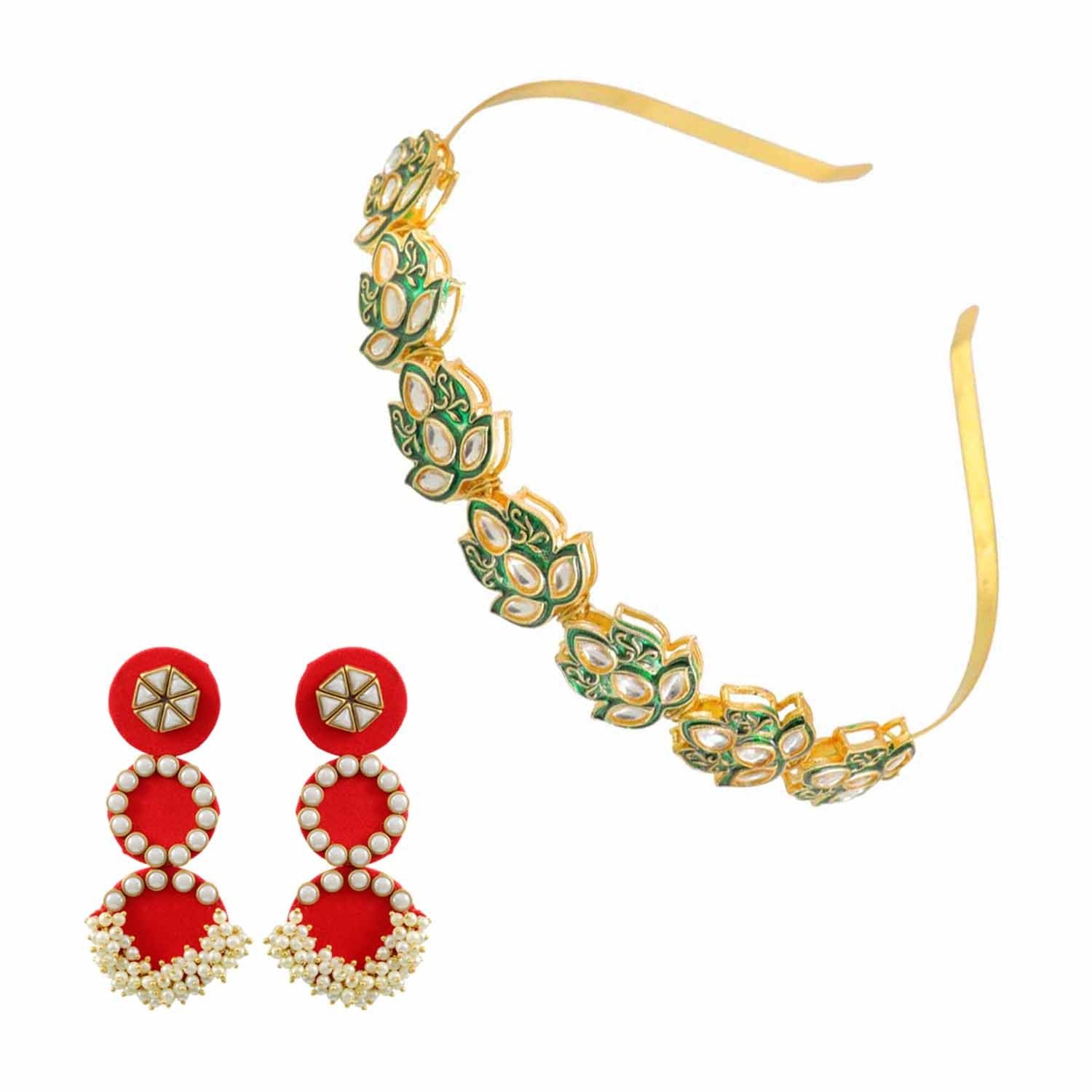 Ethnic Lotus Mathapatti Hairband and Earrings Set image 3