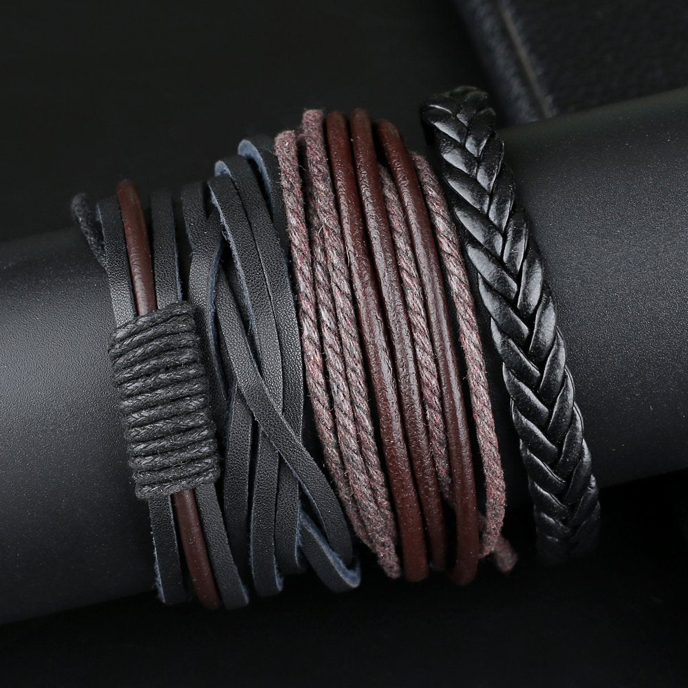Men's Casual Black & Brown Multi-String Wrap Bracelet Set (4 Pieces) image 1
