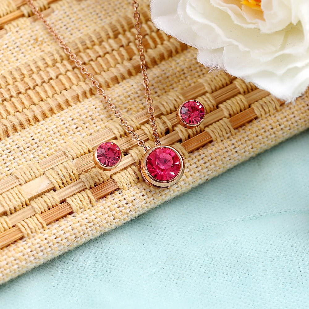 Gold-Plated Pink Birthstone Necklace & Earrings Set image 1
