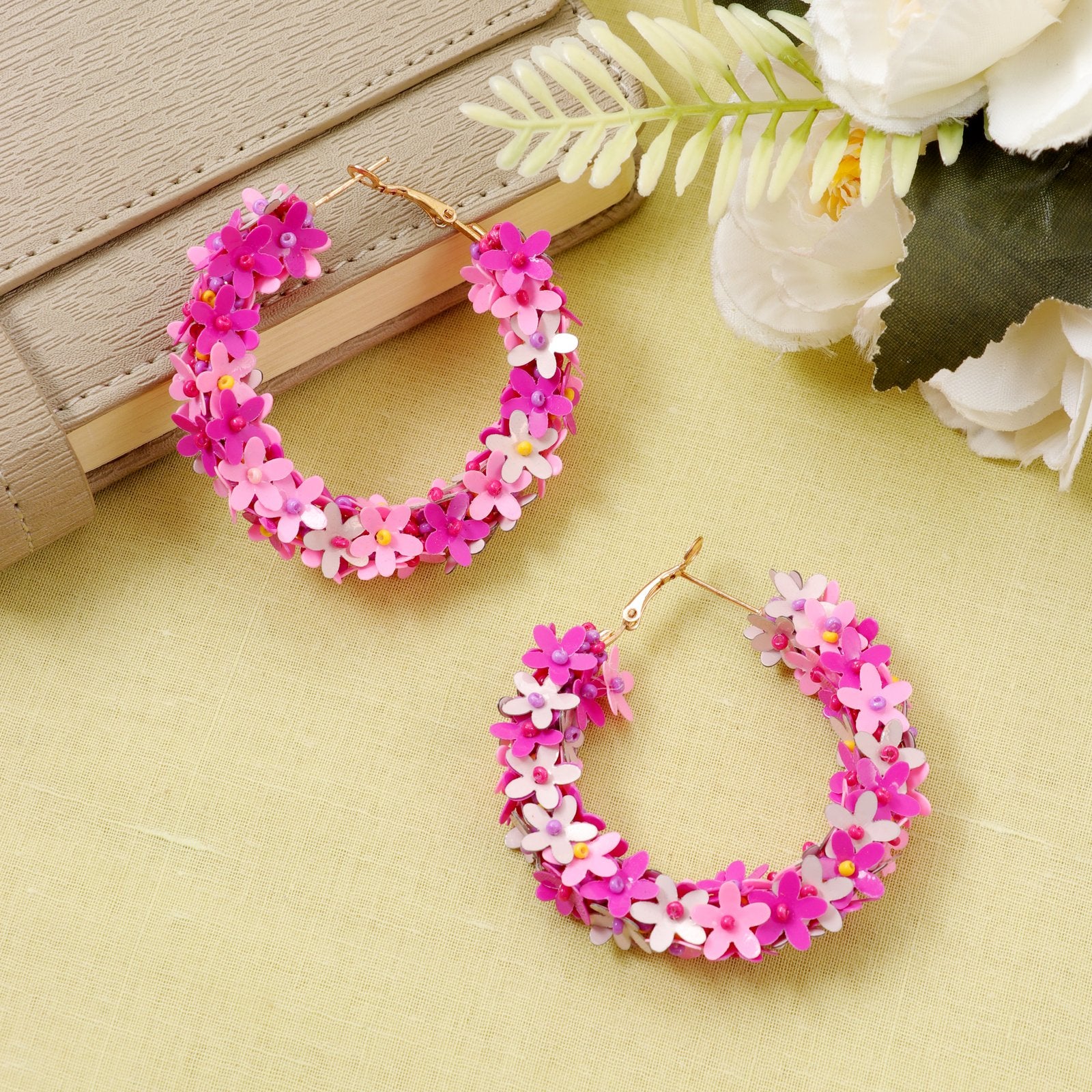 Beaded Pink Floral Hoop Earrings image 2
