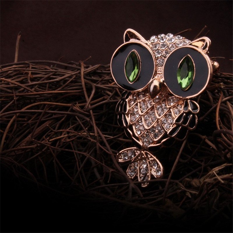 Gold-Tone Green-Eyed Crystal Owl Brooch image 0