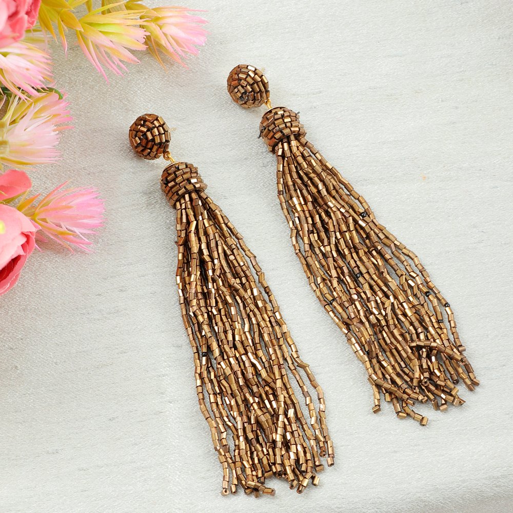 Brown Beaded Tassel Earrings image 0