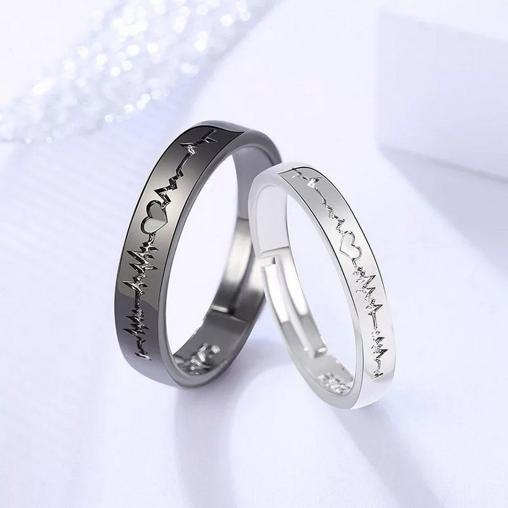 Black and Silver Heartbeat Couple Ring Set image 0