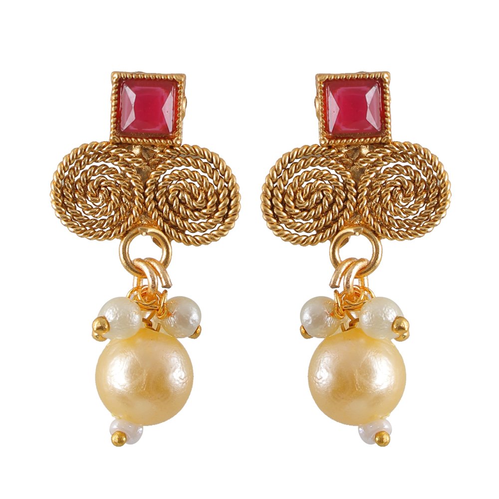 Gold Plated Red & Green Stone Pearl Beaded Jewellery Set image 4