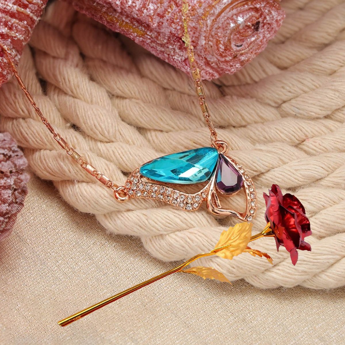 Valentine's Day Butterfly Pendant Chain & Red Rose Combo Set image 0