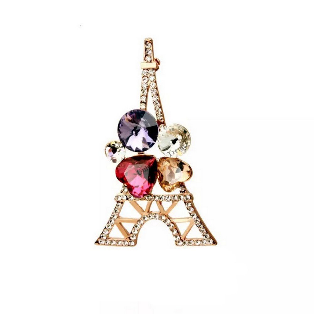 Gold-Plated Multicolor Crystal Eiffel Tower Brooch for Unisex image 3