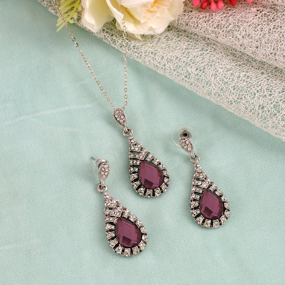 Silver-Plated Purple Crystal Retro Drop Necklace & Earring (Jewellery Set) image 2
