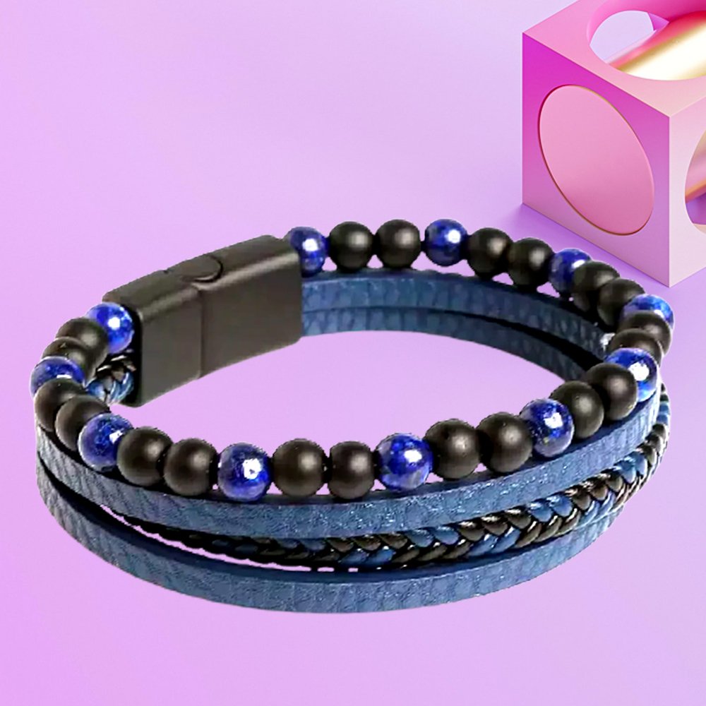 Bold Blue Leather Bracelet Black Beads for Men image 1
