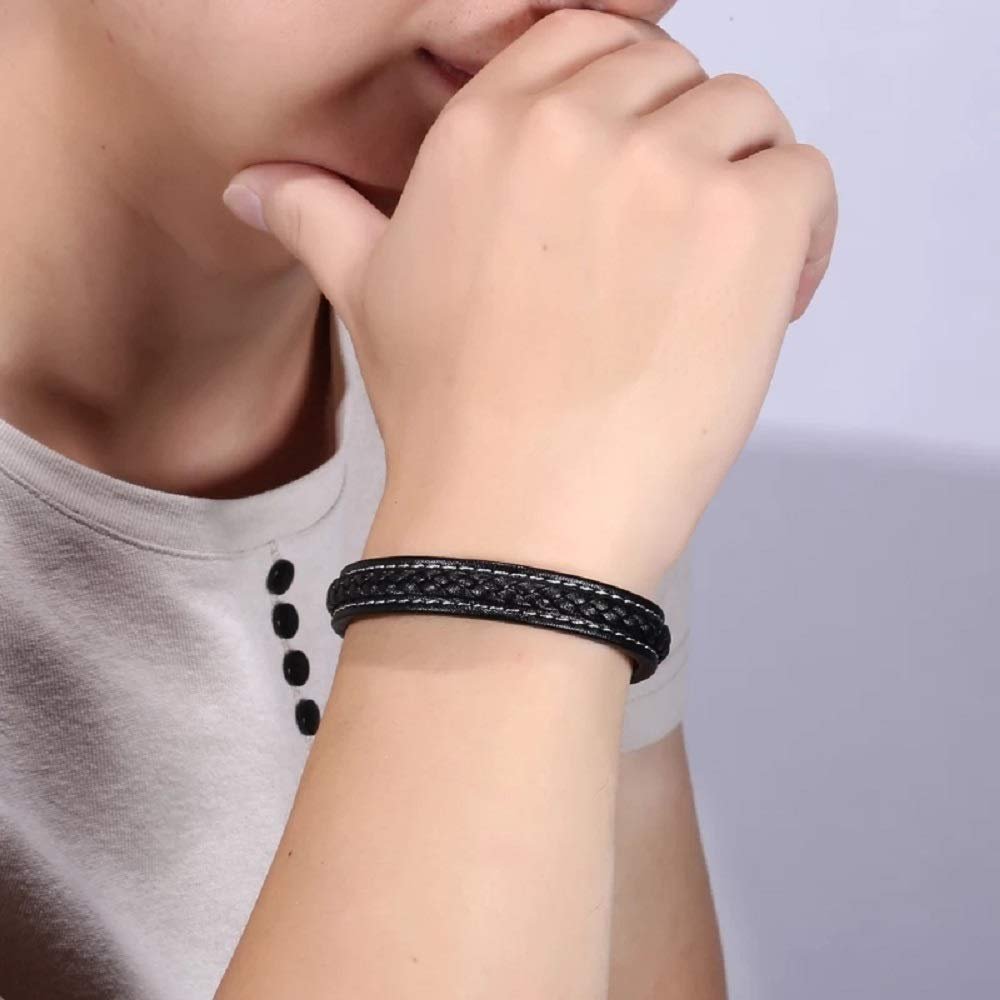Men's Braided Leather Bracelet with Steel Magnetic Clasp image 4