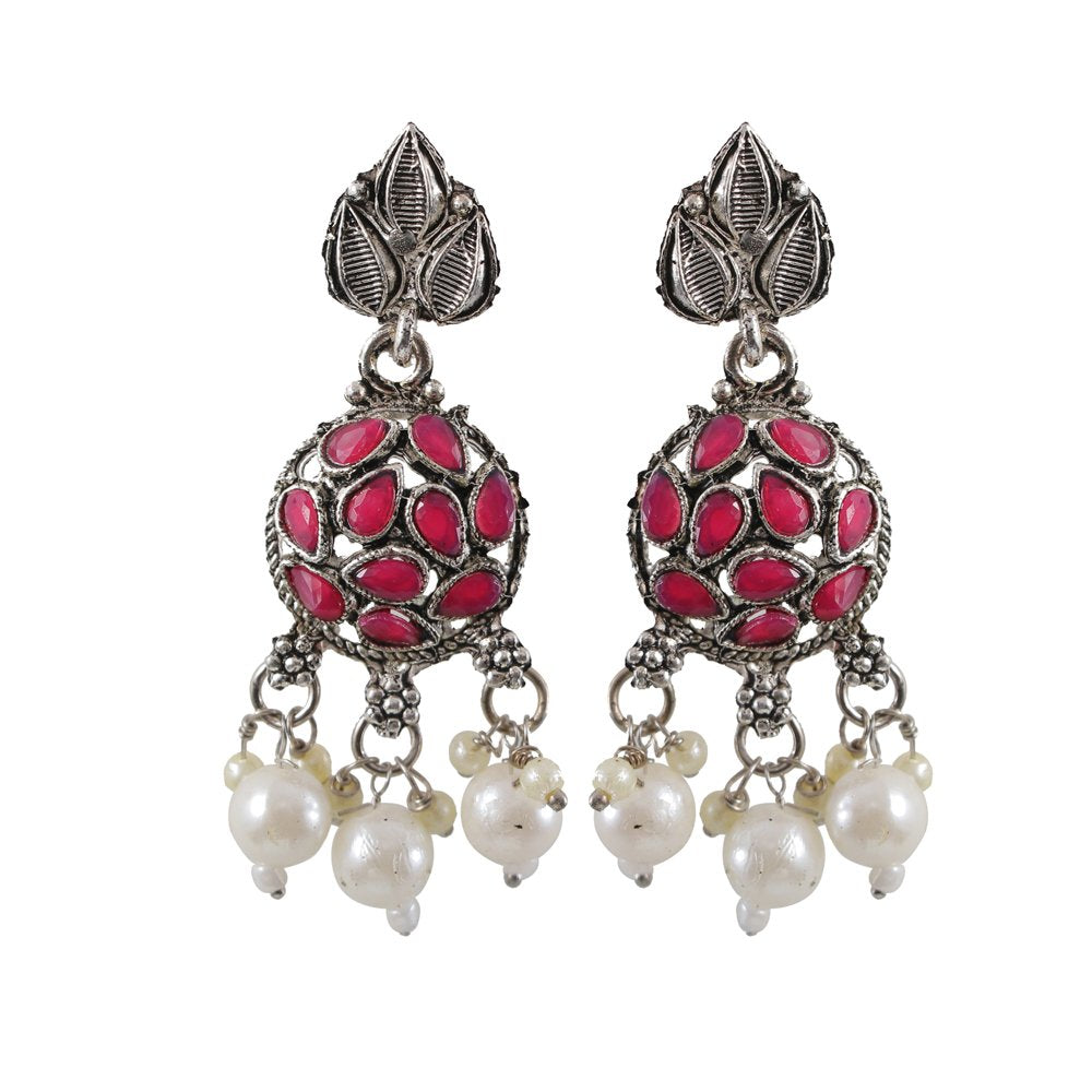 Oxidised Silver Pink Stone Pearl Beaded Jewellery Set image 3