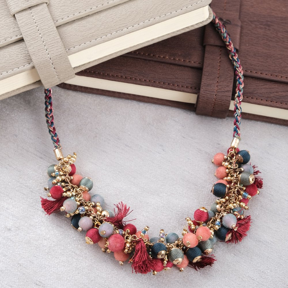 Handcrafted Bohemian Gold-Plated Multicolor Thread Balls Necklace image 2