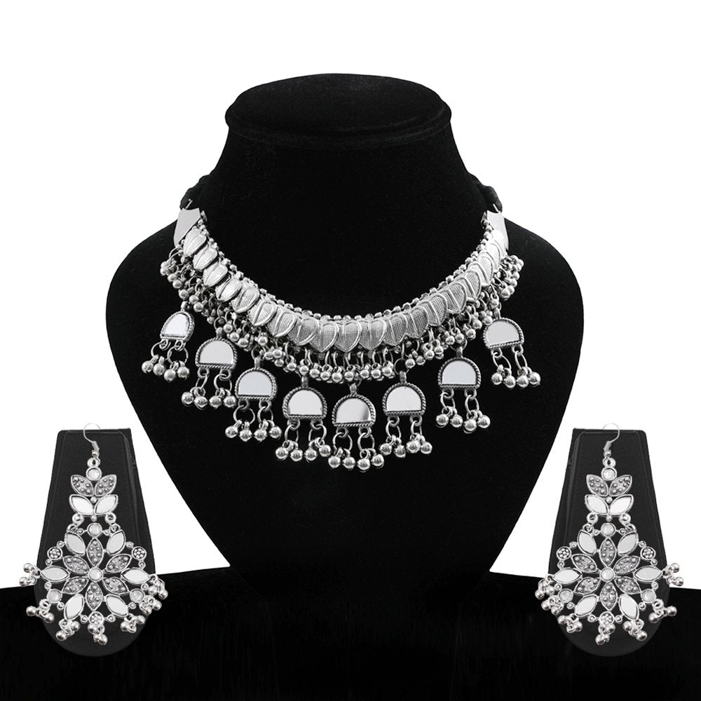 Oxidised Silver Mirror work beaded Jewellery Set image 3