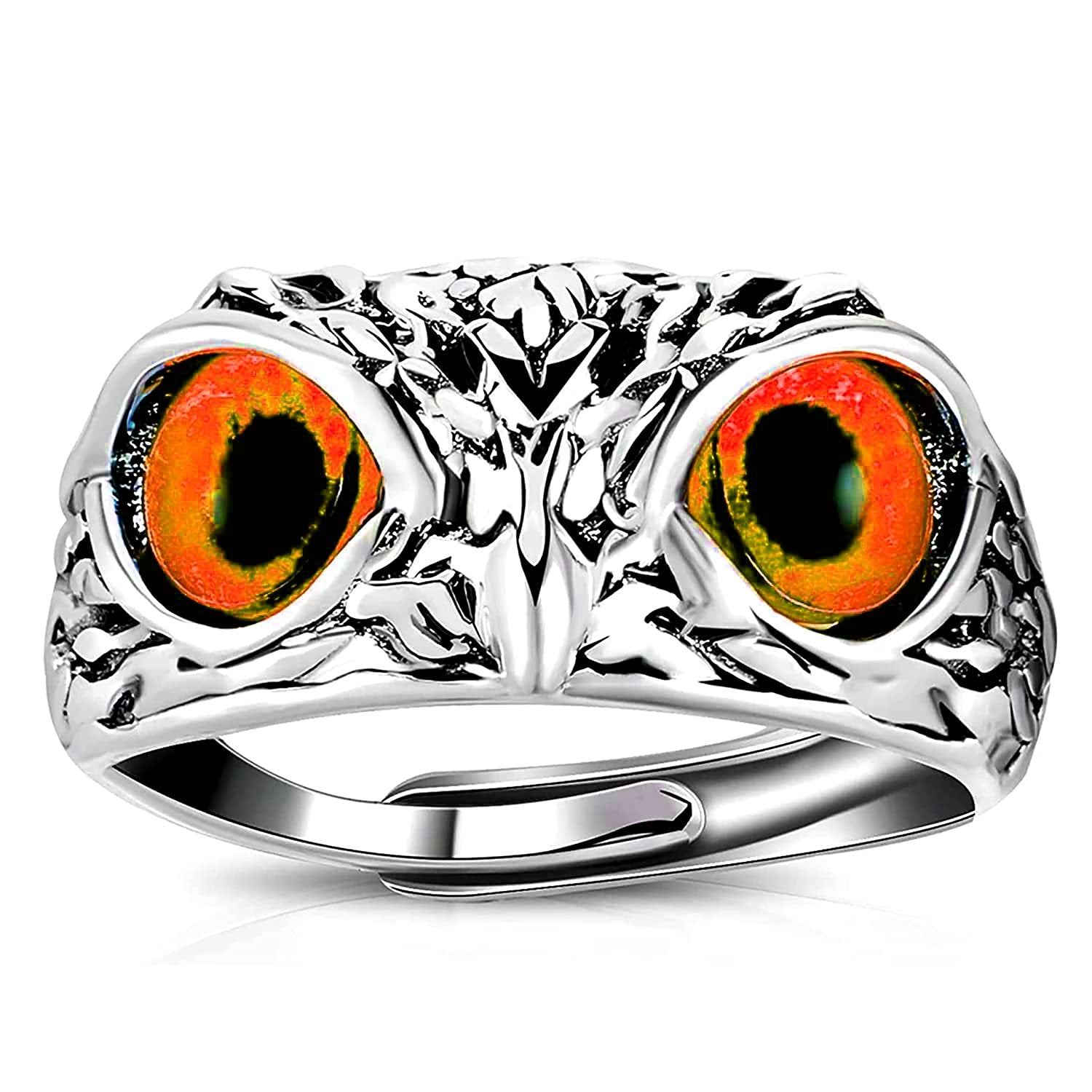Oxidised Silver Owl Ring with Orange Eyes Finger Ring image 2