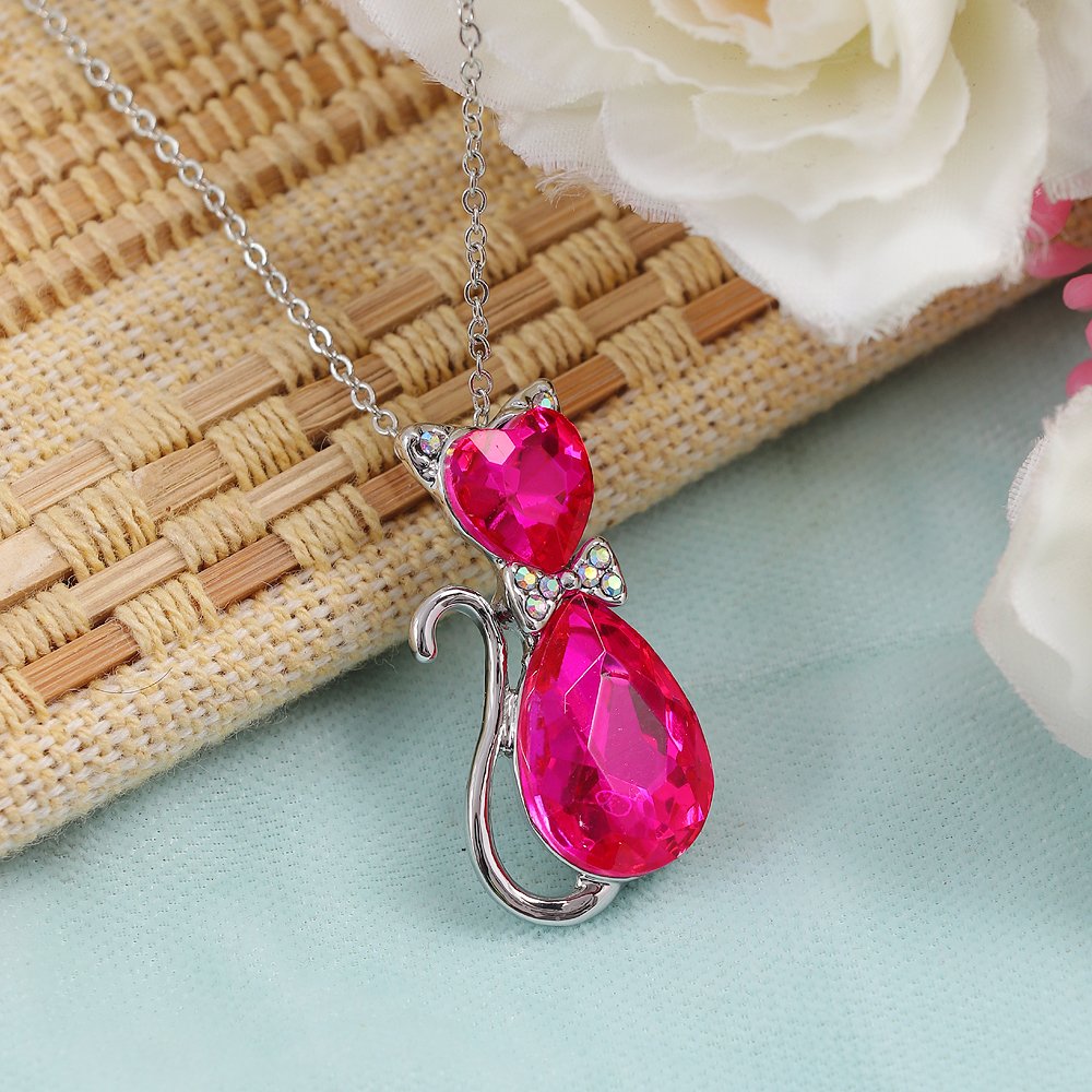 Silver-Plated Pink Crystal Cat Pendant Necklace image 0