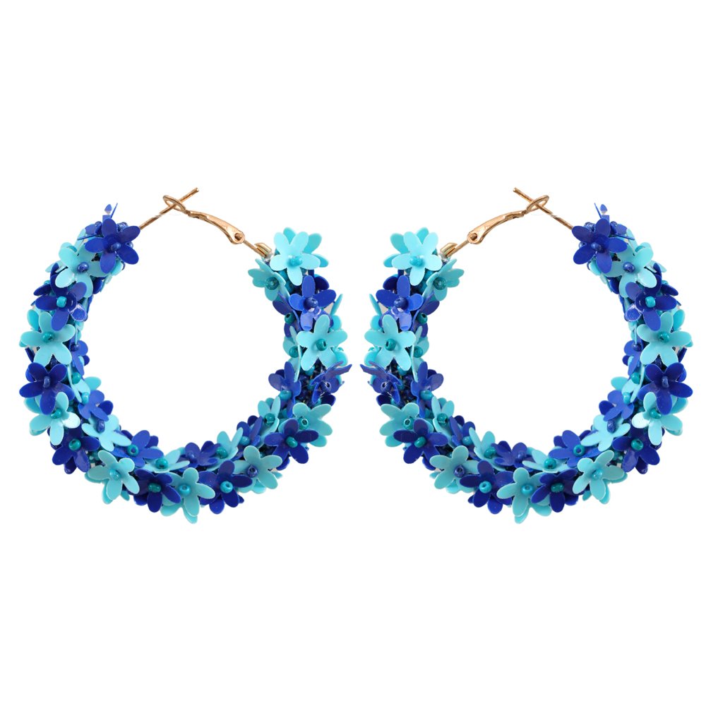 Beaded Blue Floral Hoop Earrings image 3