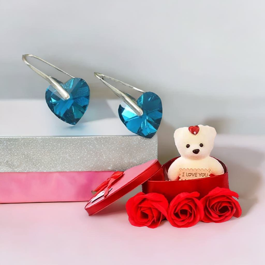 Heart Stud Drop Earrings With Red Teddy Bear Gift Combo Set image 1