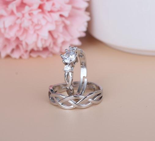 Sparkling Silver-Plated Crystal Couple Finger Ring Set image 1