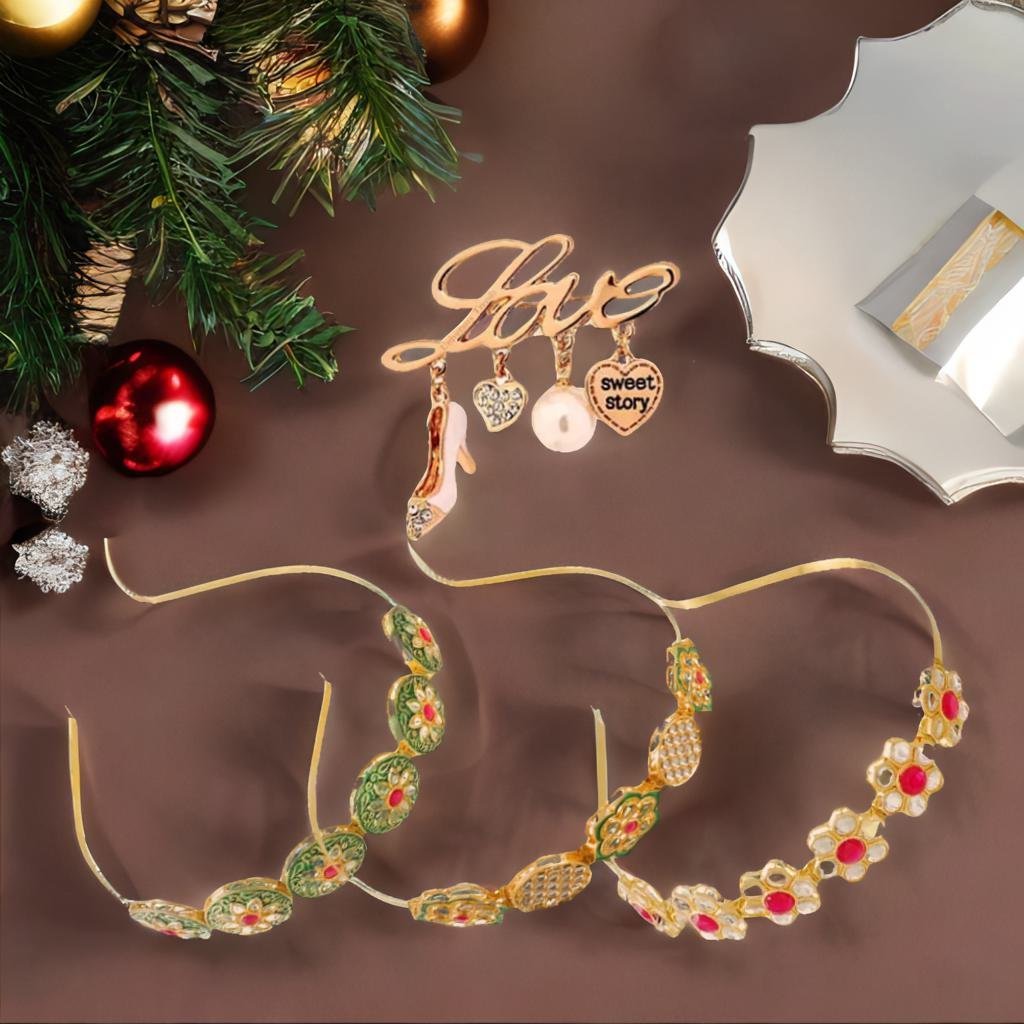 Kundan-Meenakari Floral Hairband Perfect Combo Set with Free Brooch Gift (Pack of -3 ) image 0