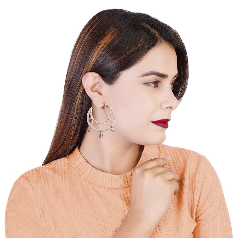 Handcrafted Gold-Plated Off White Thread Hoop Earrings For Women/Girl's image 1