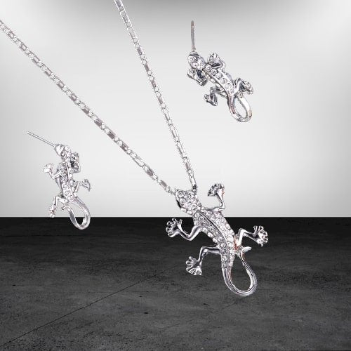Silver-Plated Crystal Lizard Necklace & Earrings Set image 3