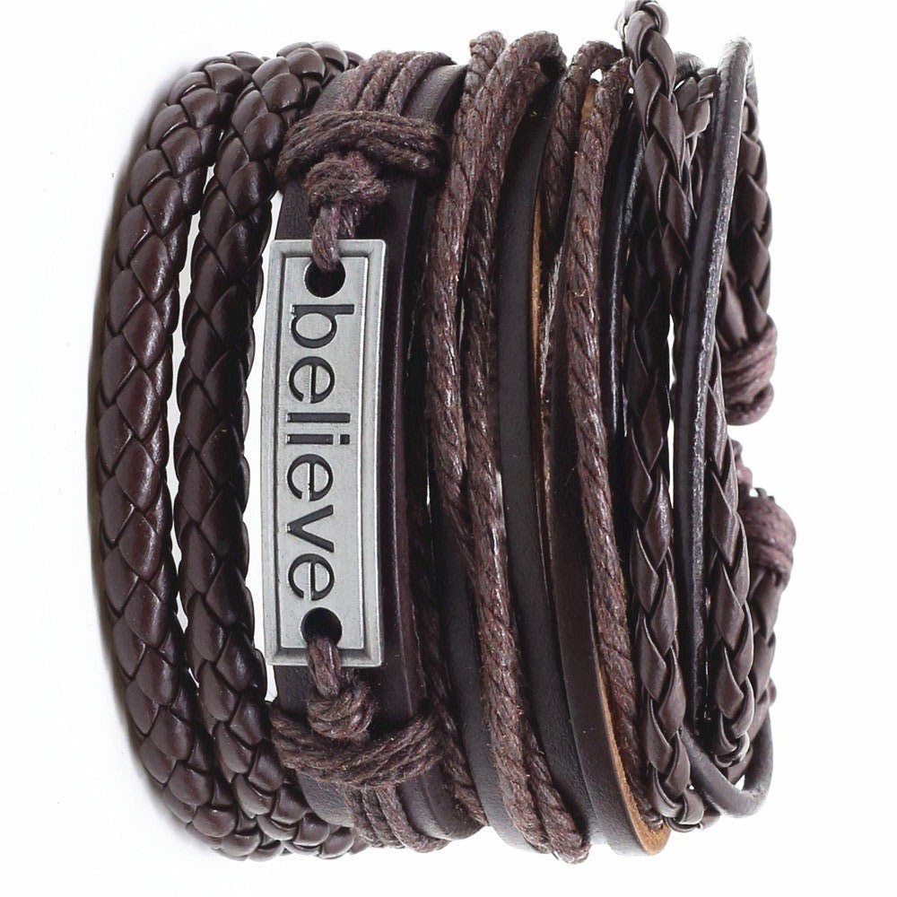 Believe Brown Leather Bracelet Set Multiple Strands for Men Pack of 4 image 3