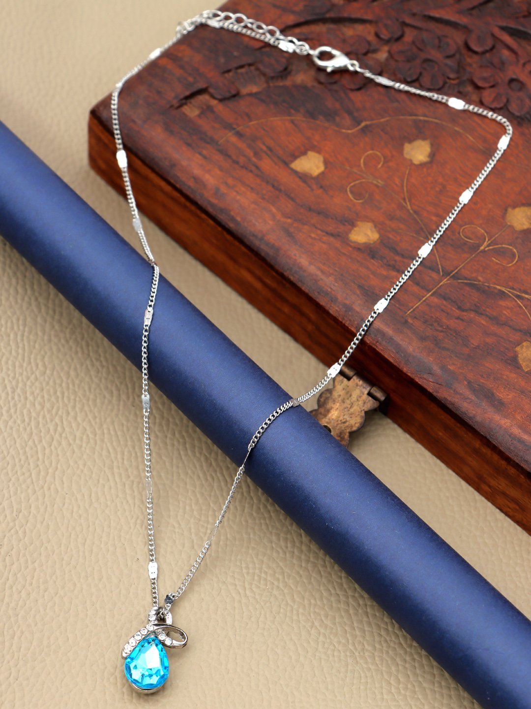 Elegant Silver-Plated Blue Crystal Water-Drop Pendant Necklace for Women/Girls image 0