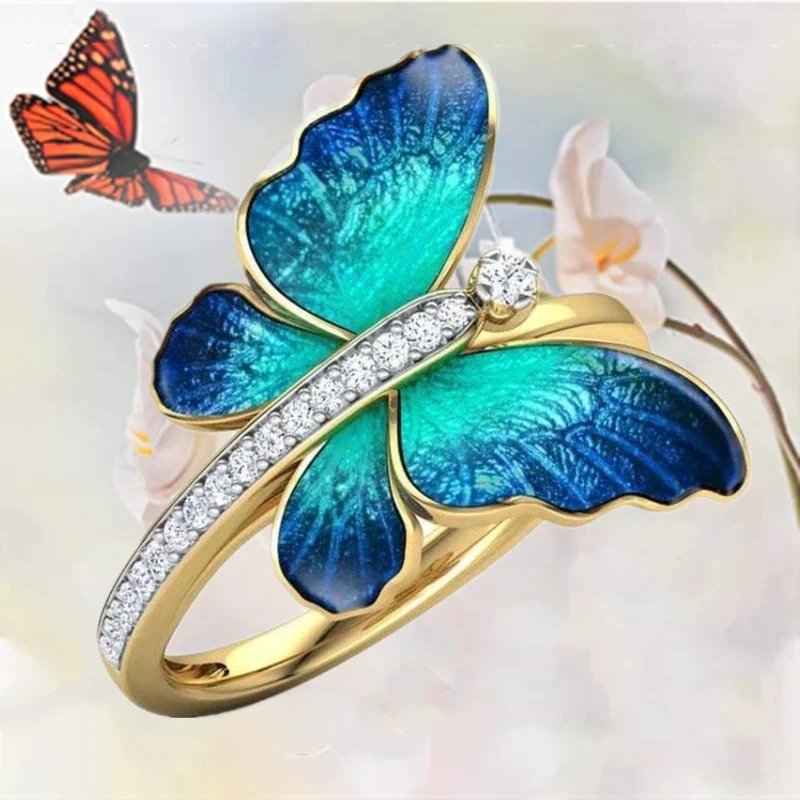 Gold-Plated Blue Butterfly Crystal Ring image 0