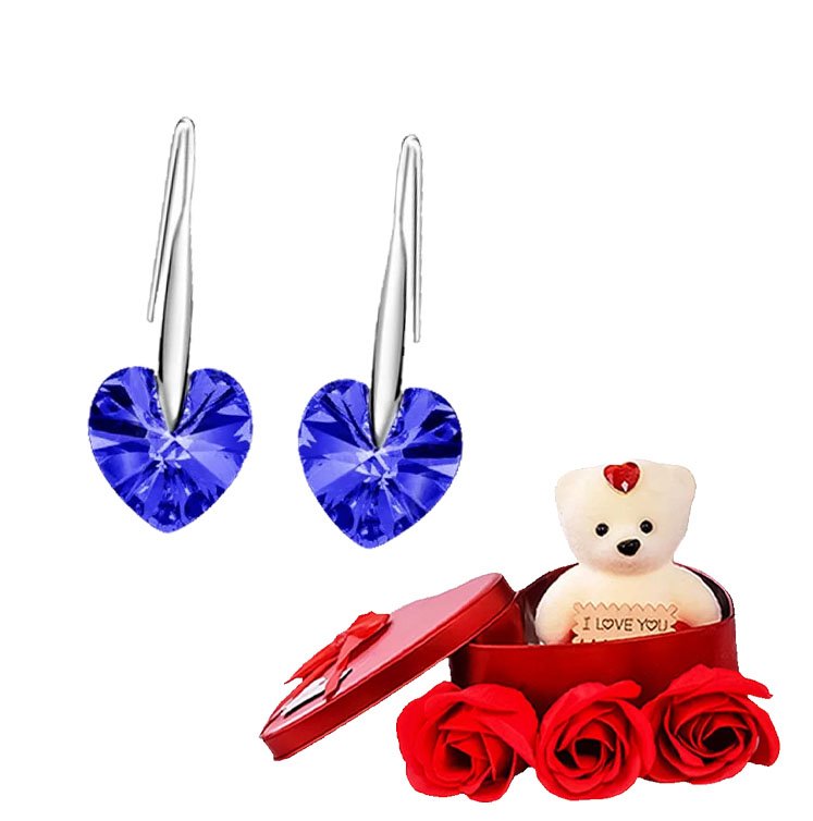 Heart Stud Drop Earrings With Red Teddy Bear Gift Combo Set image 3