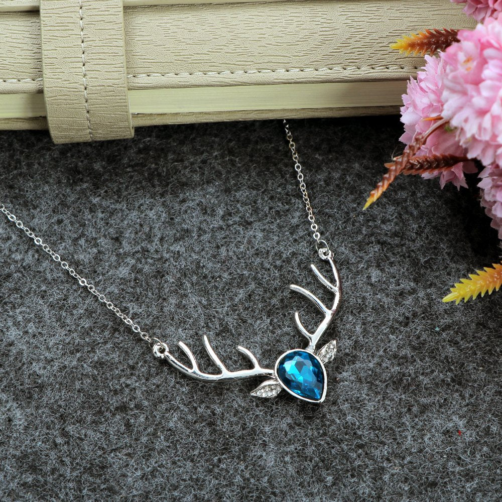 Blue Crystal Studded Silver-Plated Deer Pendant Necklace image 1
