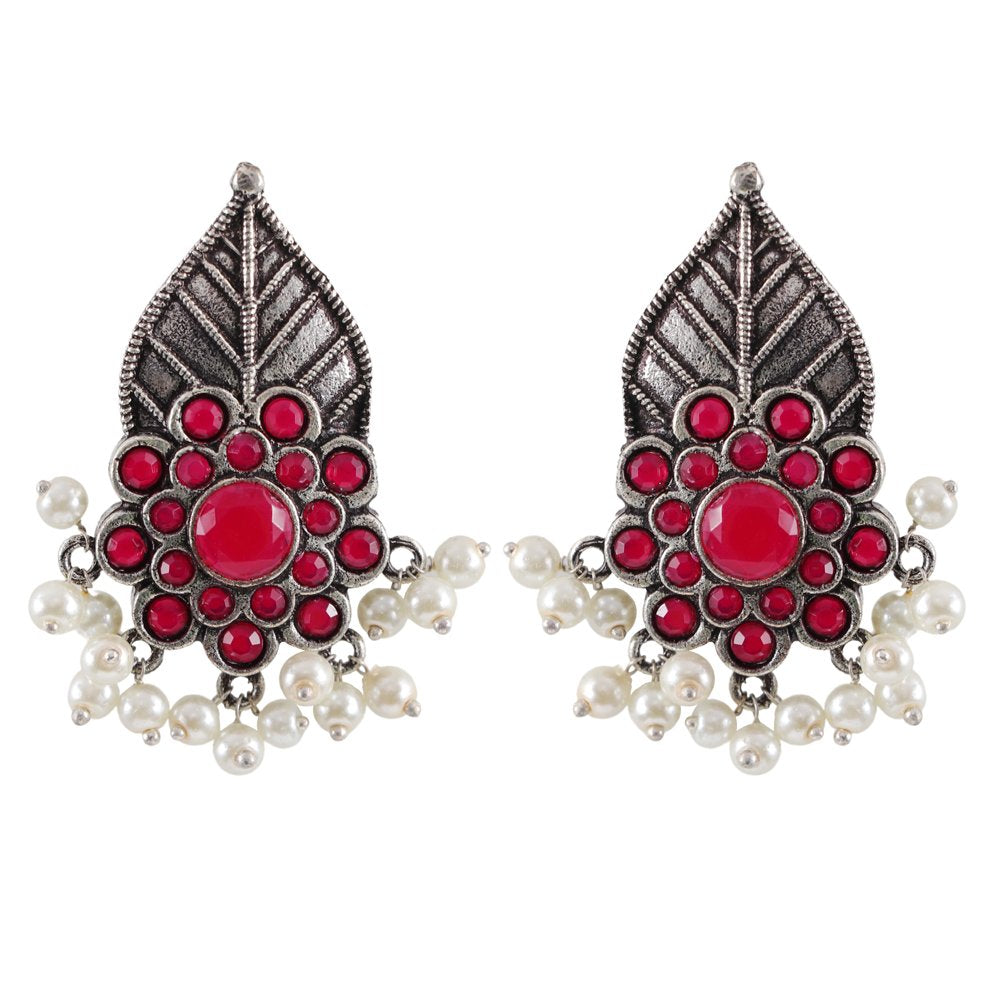 Oxidized Silver Leaf Red Stone/Pearl Stud Earrings image 2