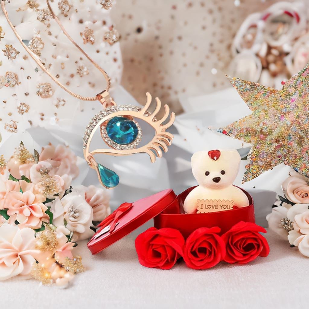Valentine's Day Jewelry Gift Set Angel Blue Eye Pendant Chain Necklace with Red Teddy image 2