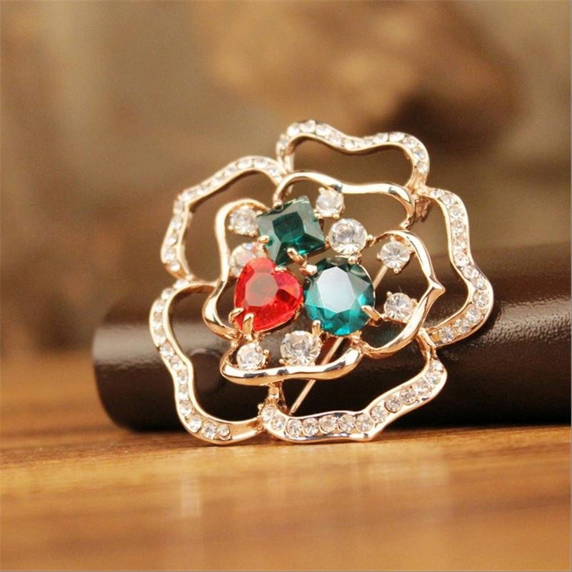 Gold-Plated Red & Green Floral Brooch Cum Saree Pin For Women/Girls image 2