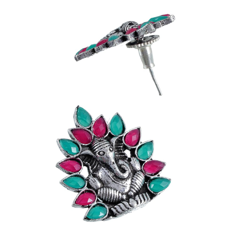 Oxiidsed Silver Red & Green Ganpati Drop Earrings image 3