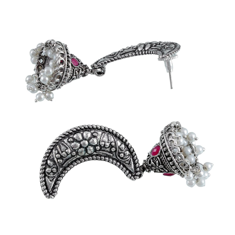 Oxidised Silver Half Moon Pink Stone Jhumka Earrings image 3