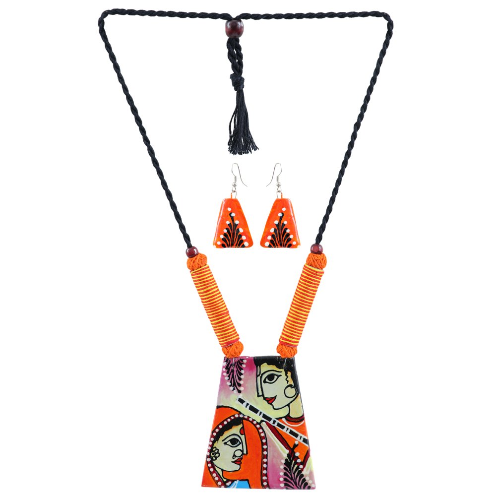 Hand-Painted Shri Ram Sita Terracotta Orange Fabric  Jewellery Set image 3