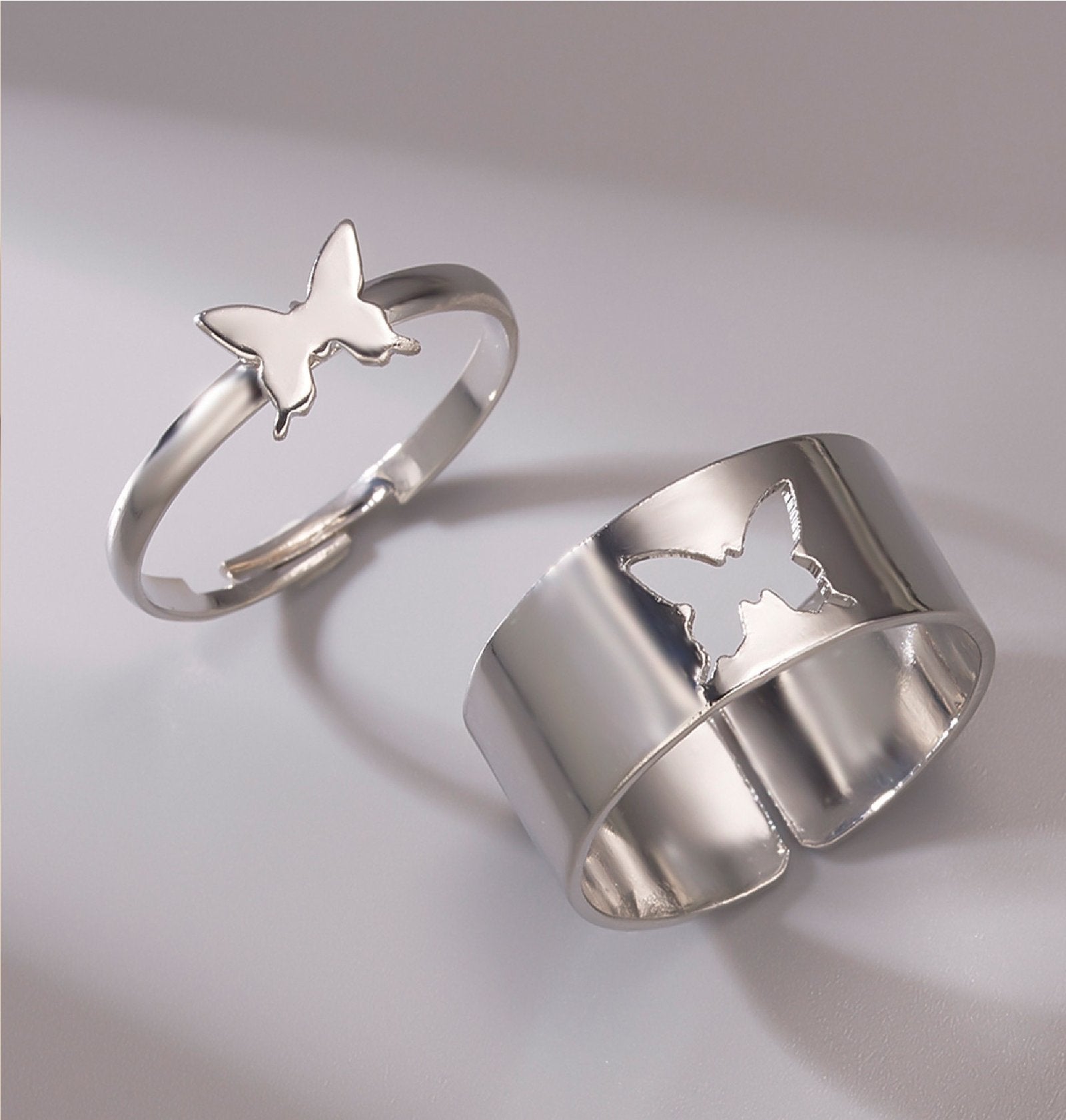 Adjustable Silver-Plated Butterfly Rings for Couples image 0