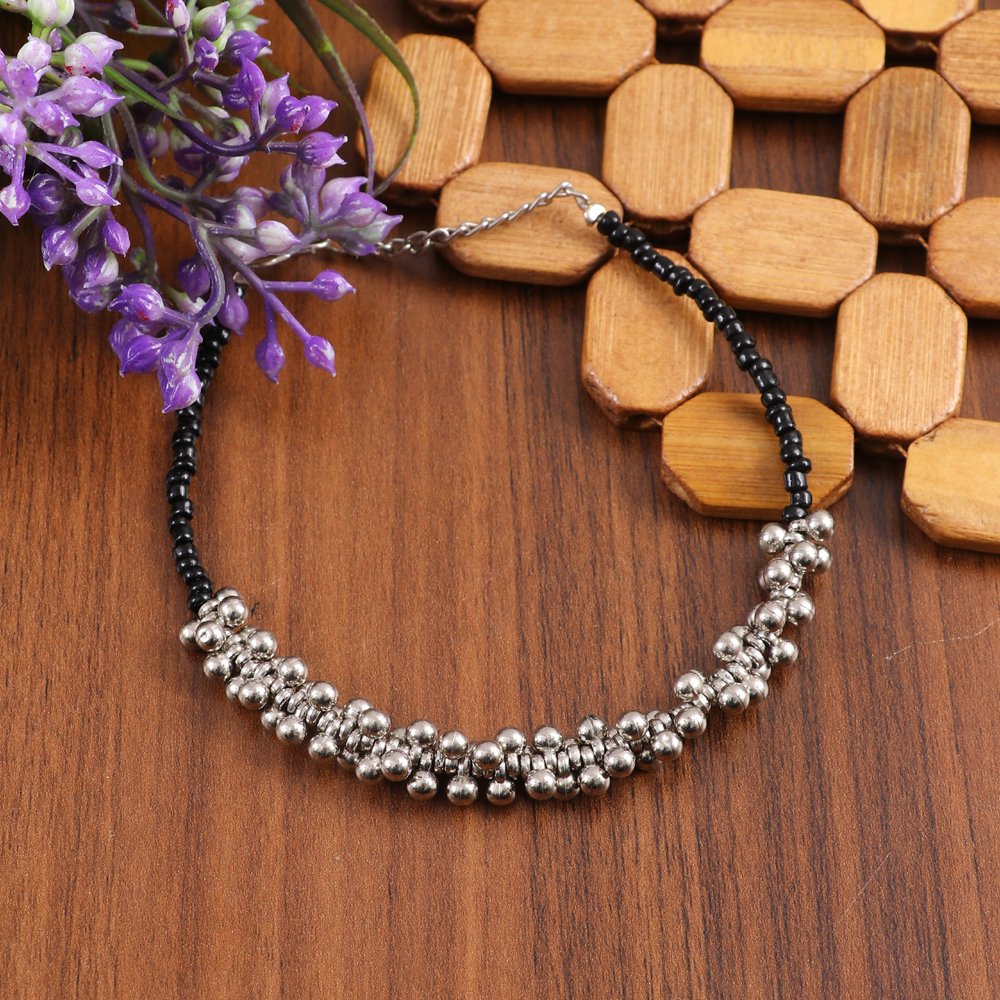 Silver-Plated Black Beaded Ghunghroo Anklet For Women & Girls image 0