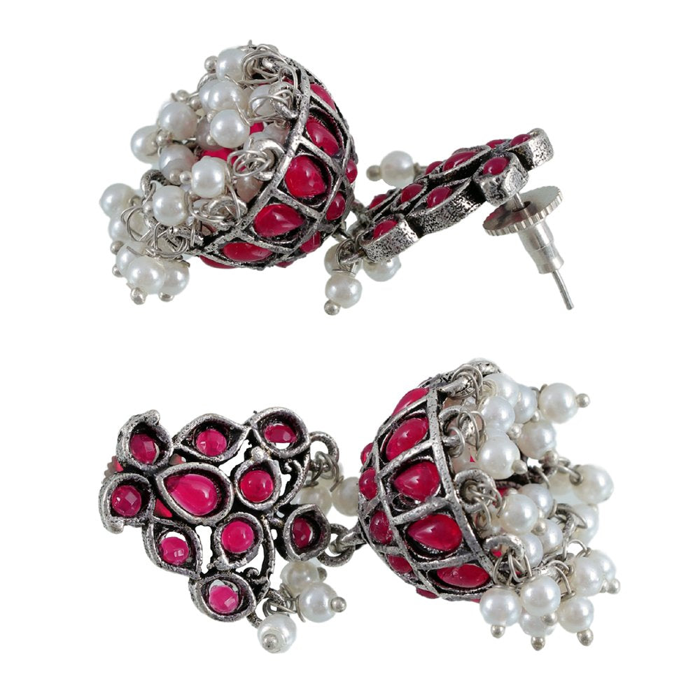 Oxidised Silver Pink Crystal /Pearl Jhumka Earrings image 3