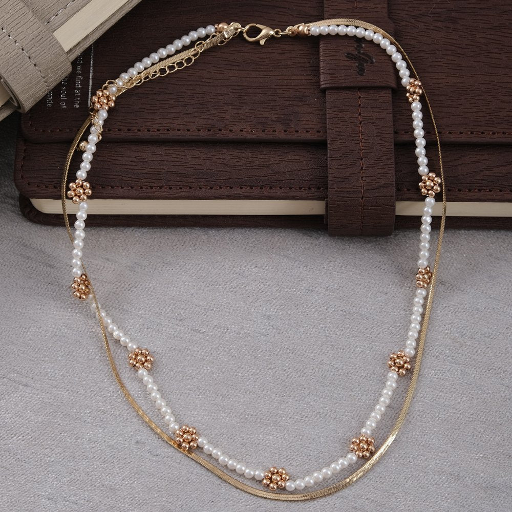 Gold-Plated Chain White Pearl Beaded Layered Necklace image 2