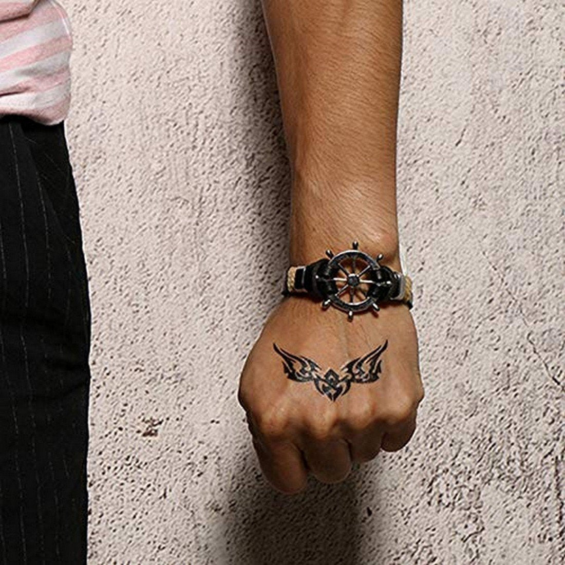 Men's Silver-Plated Wheel Black PU Leather Band Bracelet image 1
