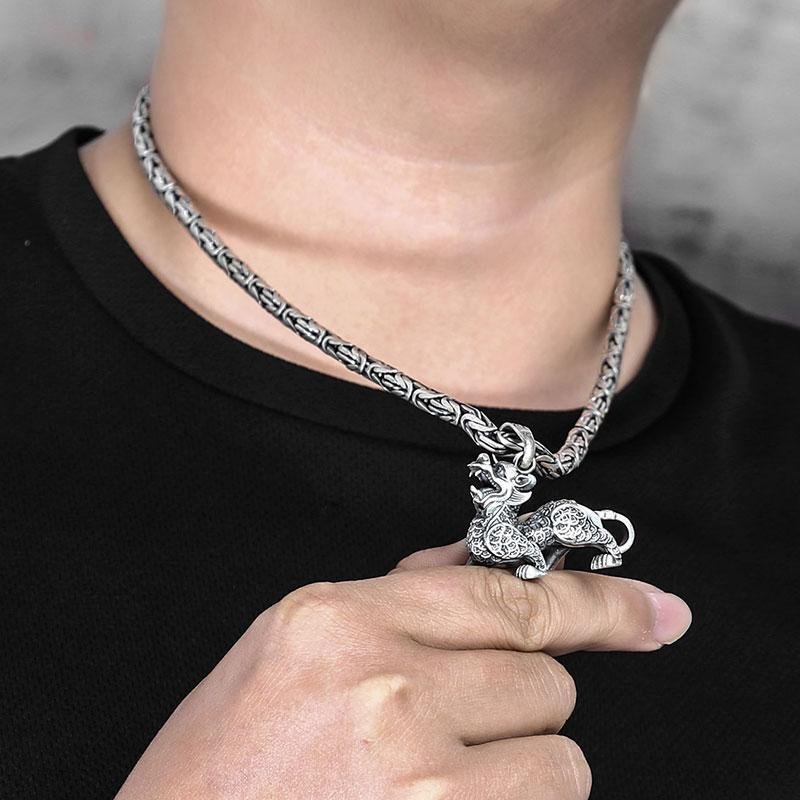 Oxidized Silver Dragon Pendant Chain Necklace image 1