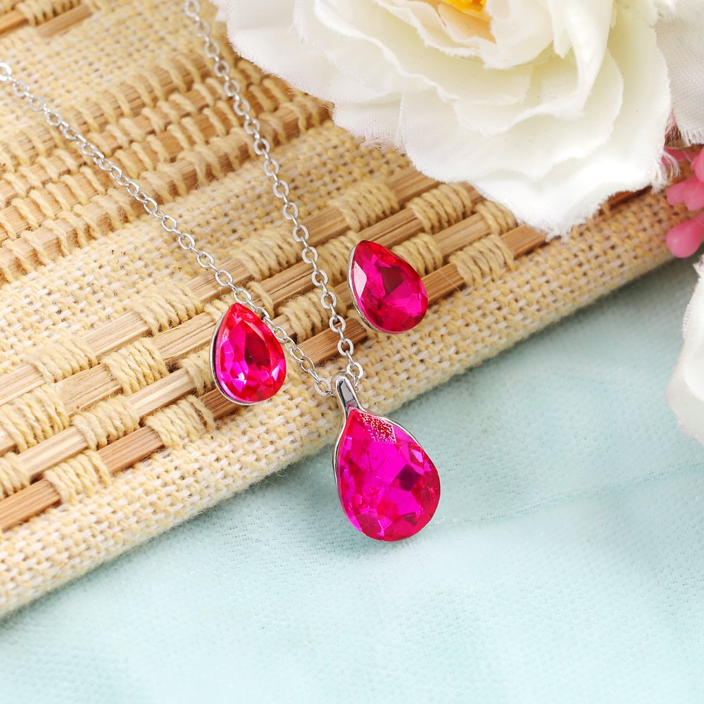 Silver-Plated Hot Pink Crystal Tear Drop Necklace & Earrings set image 1