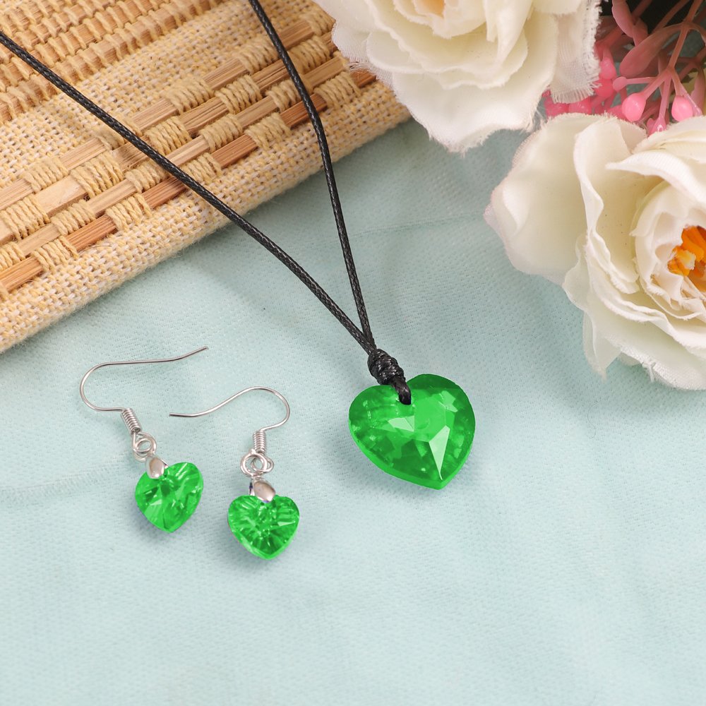 Green Crystal Heart Pendant Necklace and Earrings Set image 2